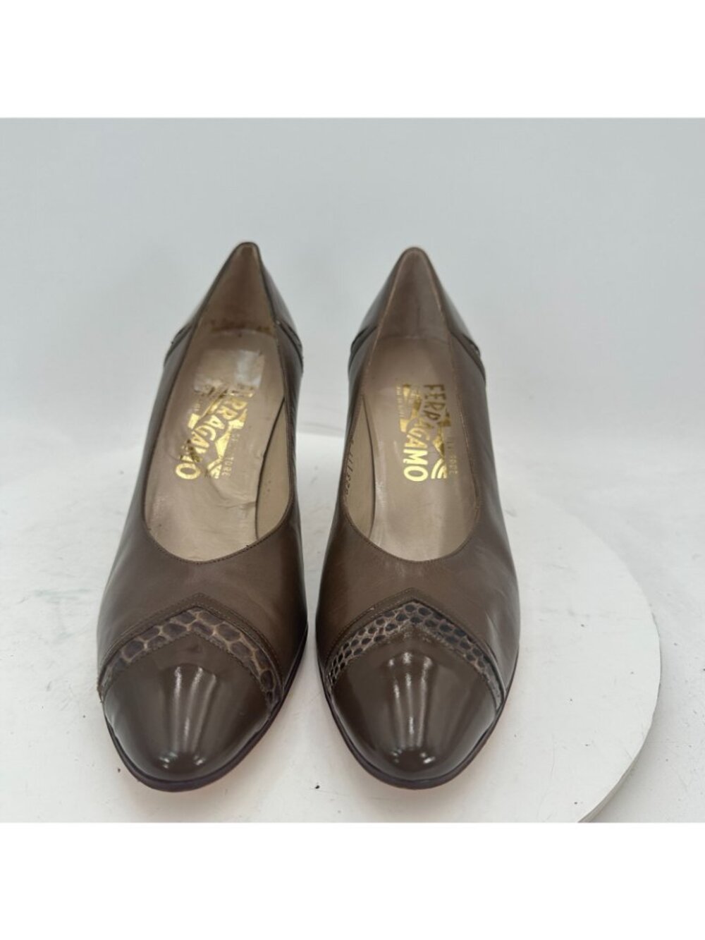 Salvatore Ferragamo Women Size 7.5B Brown Leather Snake Skin Pattern Heel Shoes - Picture 2 of 11